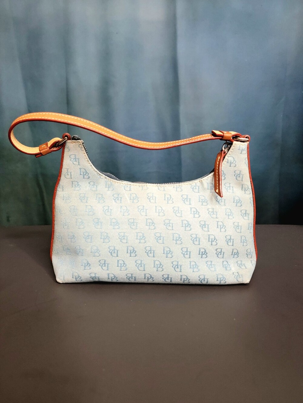 Dooney & Bourke Light Blue Logo Canvas Shoulder Bag with Tan Trim